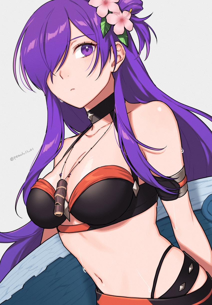 1girl 1girl 1girl alluring alternate_costume armband bare_shoulders bikini black_bikini black_choker black_swimsuit choker cleavage commentary female_only fire_emblem fire_emblem:_three_houses fire_emblem_heroes fire_emblem_warriors:_three_hopes flower grey_background hair_flower hair_ornament hibiscus high_res long_hair looking_at_viewer medium_breasts navel nintendo official_alternate_costume peach11_01 pink_flower purple_eyes purple_hair shez_(fire_emblem) shez_(fire_emblem)_(female) simple_background stomach swimsuit upper_body very_long_hair