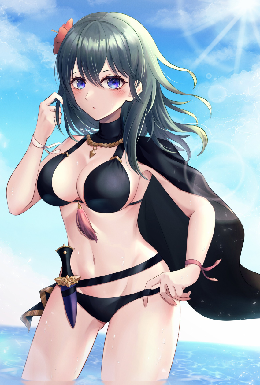 1girl 1girl 1girl alluring alternate_costume bikini black_bikini black_swimsuit blue_eyes byleth_(fire_emblem) byleth_(fire_emblem)_(female) byleth_(summer)_(fire_emblem)_(female) female_only fire_emblem fire_emblem:_three_houses fire_emblem_heroes looking_at_viewer nintendo official_alternate_costume outside reia_hana swimsuit teal_hair