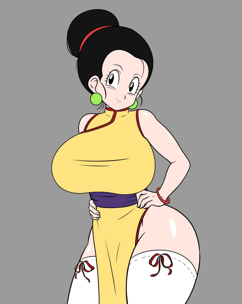 1girl 1girl ass big_breasts black_hair breasts chi-chi_(dragon_ball) chichi completely_nude dragon_ball dragon_ball_super earrings female_pervert hair_ornament nipples nude pervert sex_invitation sexually_suggestive smile