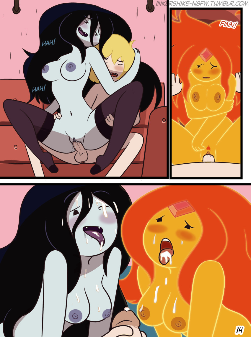 1boy 2_girls adventure_time age_difference areola arm_under_breasts bent_knees big_breasts black_hair blush breasts cartoon_network comic cum cum_in_mouth cum_on_breasts cumshot drpizzaboi1 english_text female_on_top finn_the_human flame_princess grey_skin hand_on_hip hourglass_figure inkershike long_hair marceline mature_female mature_woman missionary_position nipples older_female orange_hair orange_skin page_14 page_number pale_skin penis pleasure_face pussy pussy reverse_cowgirl_position sex spread_legs stockings straight_hair text threesome tongue vaginal_penetration vaginal_sex vampire younger_female younger_male