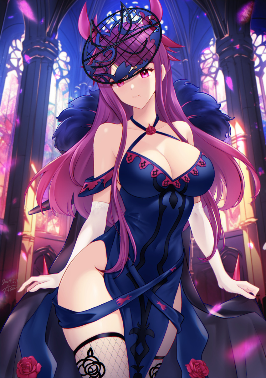 1girl 1girl 1girl asa_(asakisafe1) bangs bare_shoulders bare_thighs big_breasts church cleavage collarbone dress elbow_gloves fascinator female_only fire_emblem fire_emblem_engage fishnet_legwear fishnets flower gloves ivy_(fire_emblem) long_hair looking_at_viewer nintendo pelvic_curtain pink_eyes purple_hair shoulders skindentation smile stockings thighs very_long_hair window