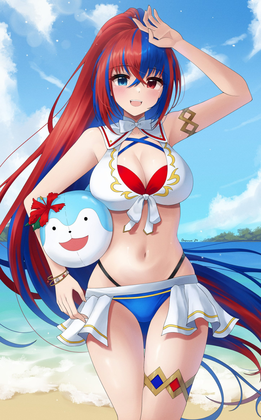 1girl 1girl 1girl :d alear_(female)_(fire_emblem) alear_(female)_(seaside_dragon)_(fire_emblem) alear_(fire_emblem) alluring alternate_costume alternate_hairstyle ball bare_arms bare_midriff bare_thighs beachball big_breasts bikini blue_bikini blue_eyes blue_hair blue_swimsuit character_ball doiparuni female_only fire_emblem fire_emblem_engage fire_emblem_heroes flower hair_between_eyes heterochromia high_res long_hair looking_at_viewer midriff multicolored_hair navel nintendo ocean official_alternate_costume official_alternate_hairstyle outside ponytail red_bikini red_eyes red_flower red_hair red_swimsuit smile sommie_(fire_emblem) split-color_hair stomach swimsuit thighs very_long_hair white_bikini white_swimsuit