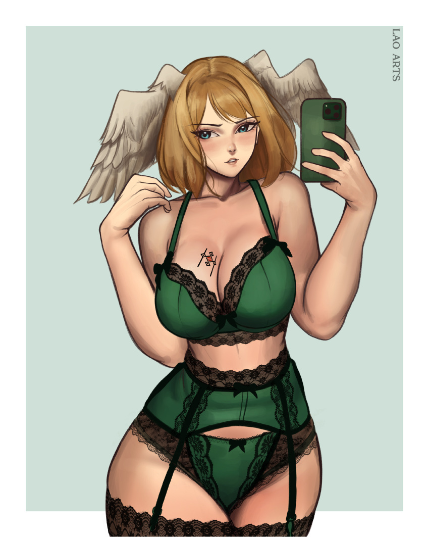 1girl 2023 alluring artist_name big_breasts blonde_hair blue_eyes blush cleavage eunie_(xenoblade) garter_belt garter_straps holding_phone iphone lao_arts lingerie nintendo selfpic short_blonde_hair short_hair stockings tattoo tattoo_on_breast wings wings_on_head xenoblade_(series) xenoblade_chronicles_3