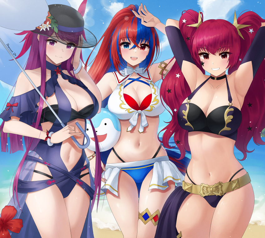 1girl 3_girls :d alear_(female)_(fire_emblem) alear_(female)_(seaside_dragon)_(fire_emblem) alear_(fire_emblem) alluring alternate_costume alternate_hairstyle arms_up ball bandeau bare_arms bare_midriff bare_shoulders bare_thighs beach beachball belt big_breasts bikini black_bikini black_choker black_hat blue_bikini blue_eyes blue_hair blue_one-piece_swimsuit blue_swimsuit character_ball choker cleavage collarbone cowboy_shot detached_sleeves doiparuni facial_mark female_only fire_emblem fire_emblem_engage fire_emblem_heroes flower hair_between_eyes hat heterochromia high_res ivy_(fire_emblem) ivy_(summer)_(fire_emblem) long_hair looking_at_viewer midriff multicolored_hair multiple_girls navel nintendo ocean official_alternate_costume official_alternate_hairstyle one-piece_bikini one-piece_swimsuit outside ponytail purple_bikini purple_eyes purple_hair purple_swimsuit red_bikini red_eyes red_flower red_hair red_swimsuit smile sommie_(fire_emblem) split-color_hair standing star_(symbol) stomach swimsuit thighs twin_tails very_long_hair white_bikini white_swimsuit yunaka_(fire_emblem)