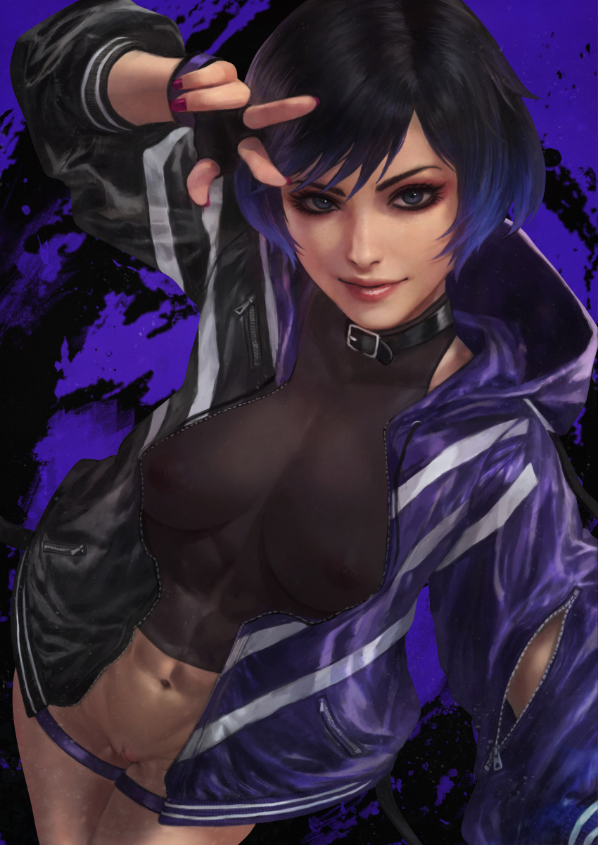 1girl abs alluring areola athletic_female big_breasts black_and_purple_hair erect_nipples female_abs female_only fit_female monorirogue naked_from_the_waist_down namco nipple_bulge peace_sign pussy reina_(tekken) see-through see-through_clothing selfpic skindentation smile tekken tekken_8 thick_thighs v