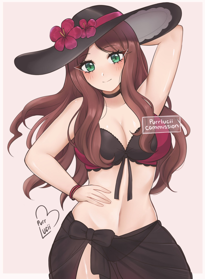 1girl alluring alternate_costume arm_up bare_shoulders big_breasts bikini black_bikini black_choker black_hat brown_hair choker cleavage cowboy_shot dorothea_arnault female_only fire_emblem fire_emblem:_three_houses fire_emblem_heroes flower green_eyes hand_on_own_hip hat hat_flower high_res long_hair navel nintendo official_alternate_costume purple_flower purrlucii sarong standing stomach sun_hat swimsuit very_long_hair