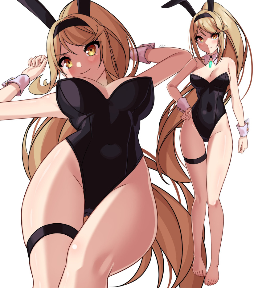 1girl alluring animal_ears arms_up artist_name barefoot big_breasts black_leotard blonde_hair blush chest_jewel cowboy_shot detached_collar fake_animal_ears full_body gluteal_fold groin hand_on_own_thigh high_res highleg highleg_leotard leotard long_hair looking_at_viewer lying multiple_views mythra nintendo on_back ponytail rabbit_ears sidelocks simple_background smile standing strapless strapless_leotard swept_bangs thigh_strap very_long_hair white_background wrist_cuffs x_xith_x xenoblade_(series) xenoblade_chronicles_2 yellow_eyes