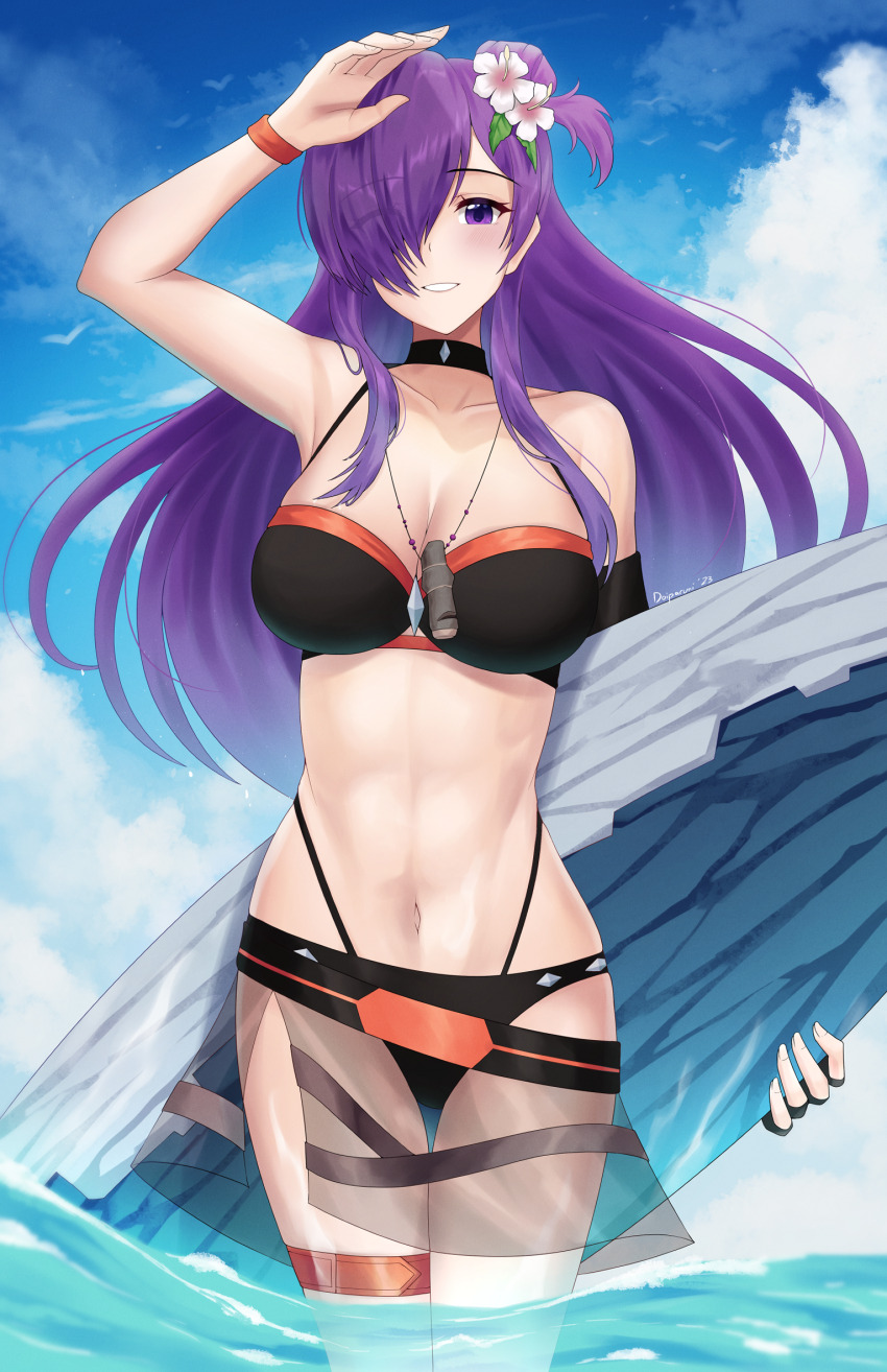 1girl alluring bare_shoulders big_breasts bikini black_bikini black_choker choker cleavage doiparuni fire_emblem fire_emblem:_three_houses fire_emblem_heroes fire_emblem_warriors:_three_hopes flower hair_flower hair_ornament high_res holding holding_surfboard long_hair looking_at_viewer navel nintendo official_alternate_costume purple_eyes purple_hair shez_(fire_emblem) shez_(fire_emblem)_(female) stomach surfboard swimsuit toned white_flower