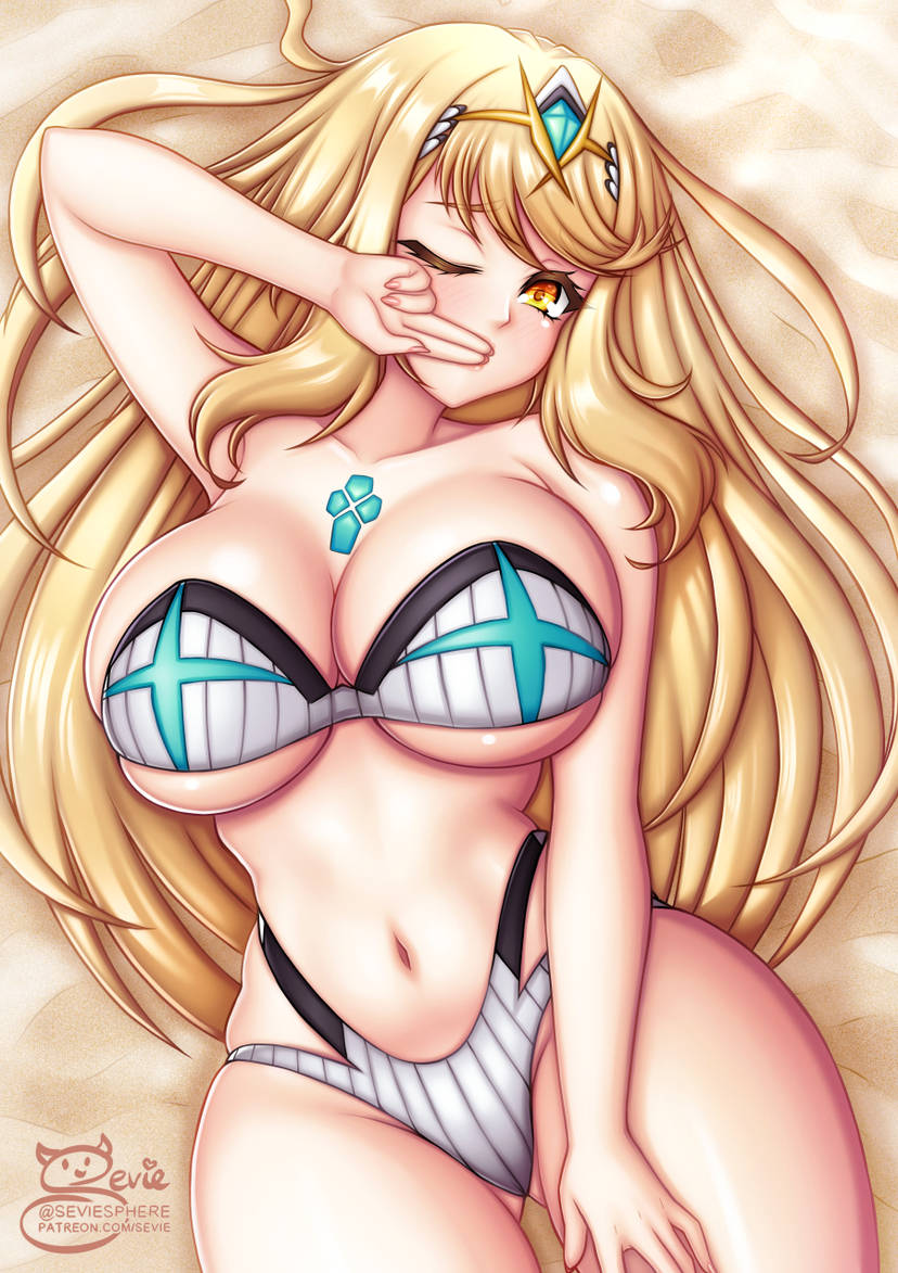 1girl alluring beach big_breasts bikini blonde_hair core_crystal long_hair looking_at_viewer midriff mythra navel nintendo sand sevie seviesphere swimsuit tiara white_bikini white_swimsuit xenoblade_(series) xenoblade_chronicles_2 yellow_eyes