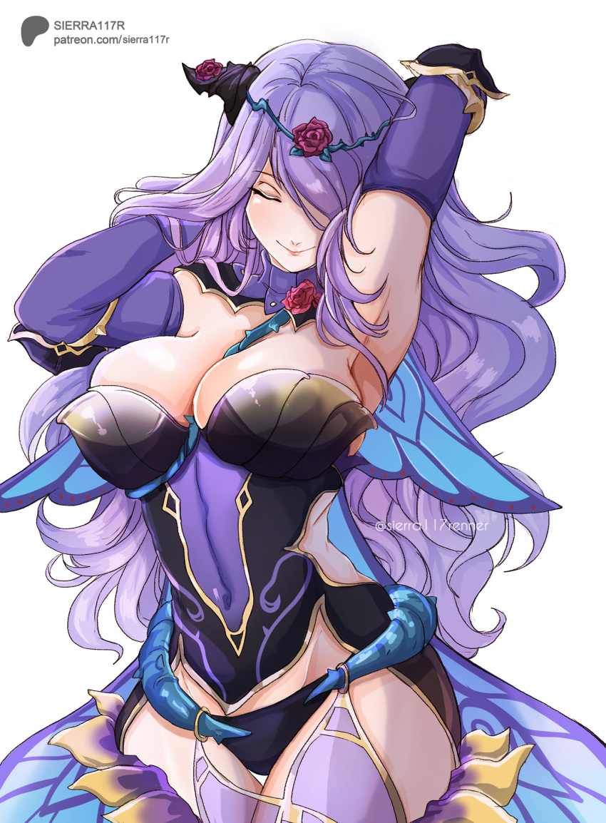 1girl alluring big_breasts camilla_(fire_emblem) camilla_(resplendent)_(fire_emblem) cleavage closed_eyes fire_emblem fire_emblem_fates fire_emblem_heroes hair_over_one_eye high_res long_hair nintendo purple_hair sierra117renner