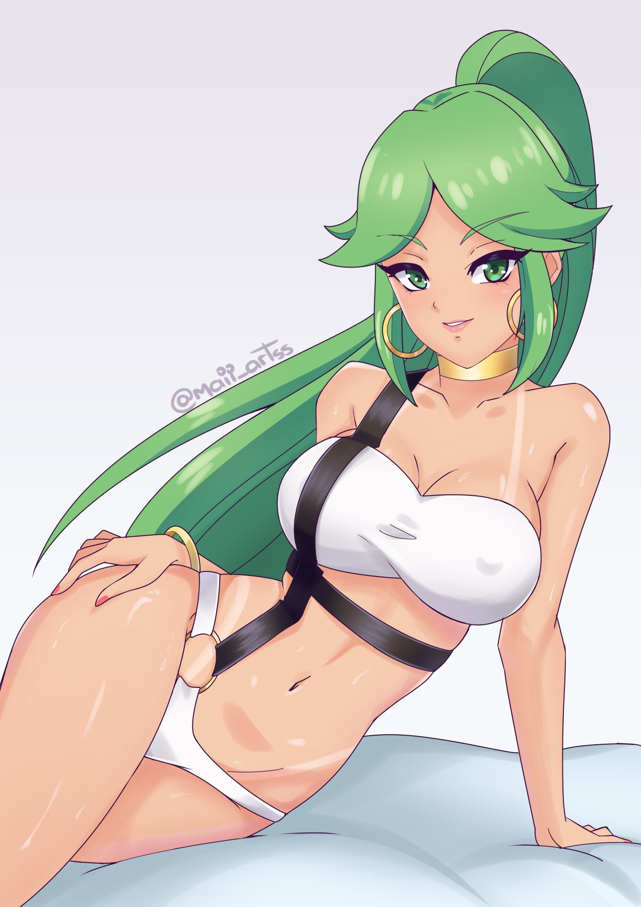 1girl alluring big_breasts cleavage female_only green_hair kid_icarus long_hair maii_artss nintendo palutena pin_up posing