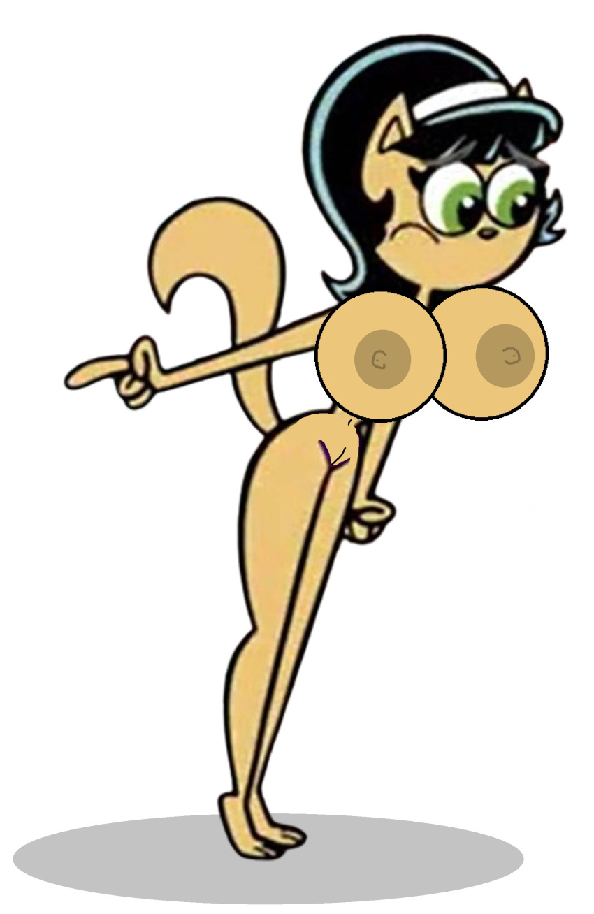 1girl anthro big_breasts black_hair black_nose edit feet furry green_eyes kitty_katswell navel nickelodeon nipples nude pointing t.u.f.f._puppy vaginal white_background