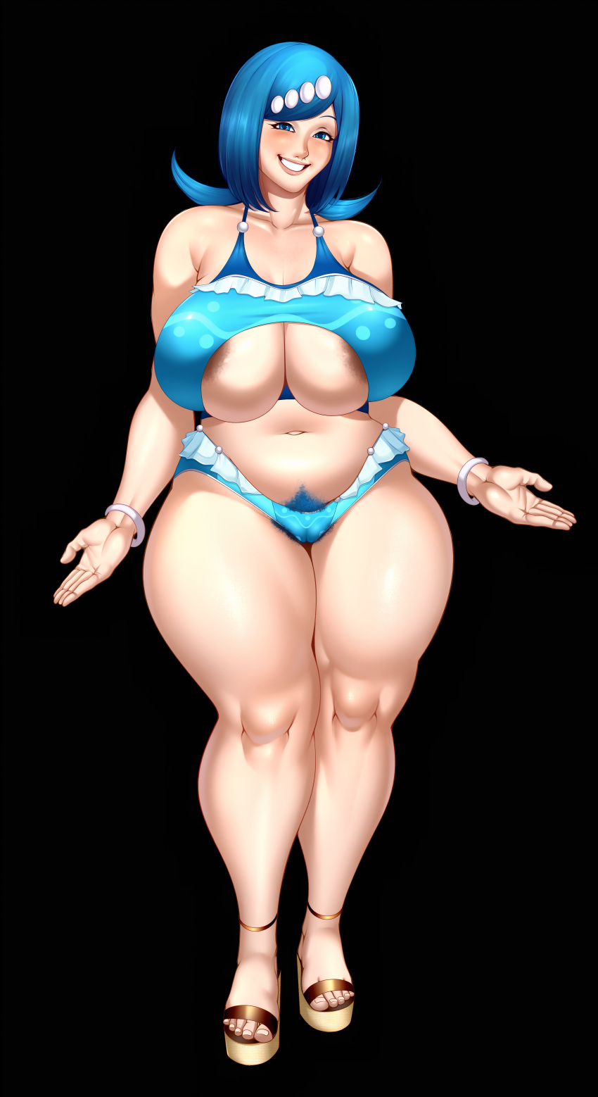 1girl big_ass big_breasts bikini blue_hair lana&amp;#039;s_mother long_hair m_jr_art milf platform_shoes posing pubic_hair seductive smile swimsuit