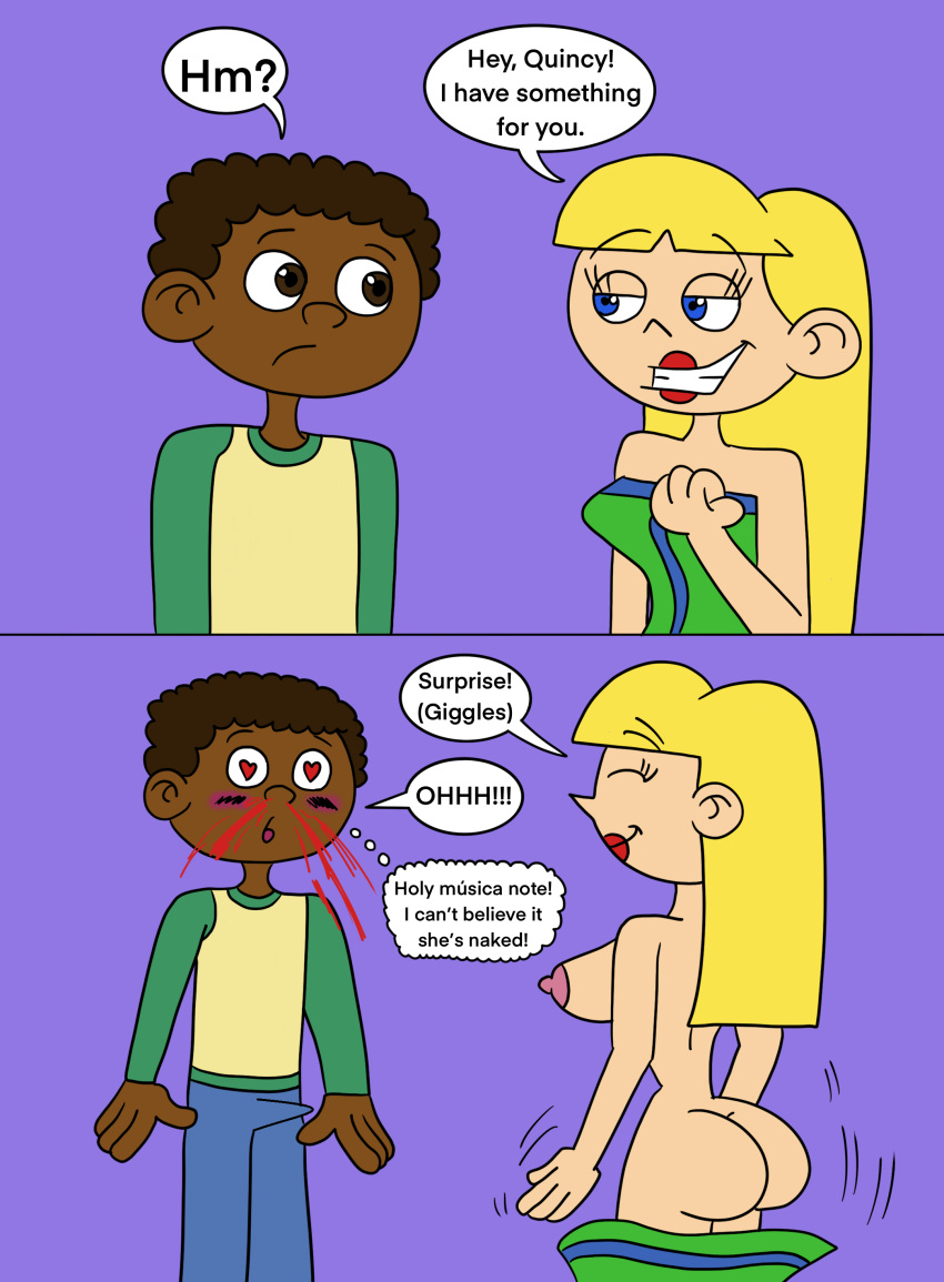 1boy 1boy1girl 1girl aged_up annie_(little_einsteins) blonde_hair breasts brown_hair clothing comic disney english_text little_einsteins matiriani28 nipples nude nude_female nude_male quincy_(little_einsteins) sideboob speech_bubble taking_off_clothes