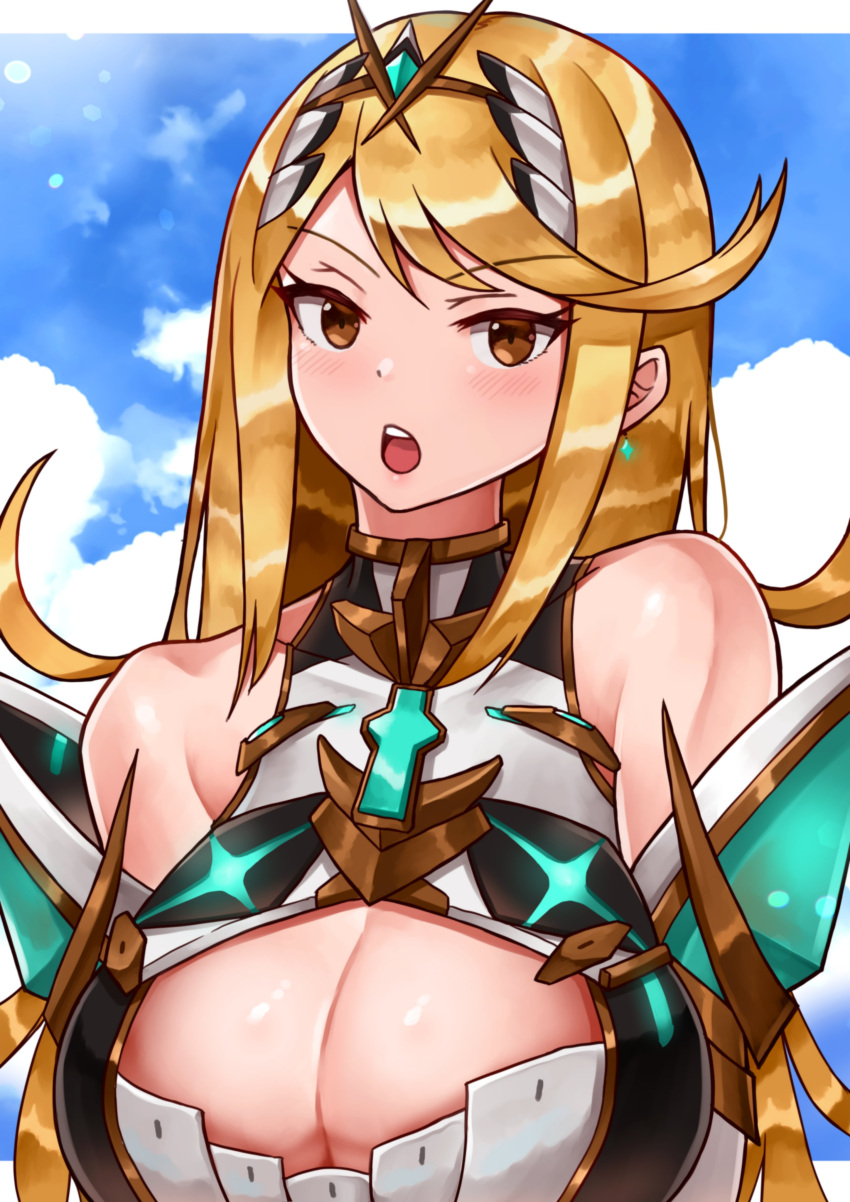 1girl 1girl :o absurd_res alluring big_breasts blonde_hair blue_sky blush cleavage cloud commentary_request core_crystal_(xenoblade) dot_nose high_res long_hair looking_at_viewer mythra sky teeth tiara upper_teeth_only xenoblade_(series) xenoblade_chronicles_2 yellow_eyes yotsuha_uni