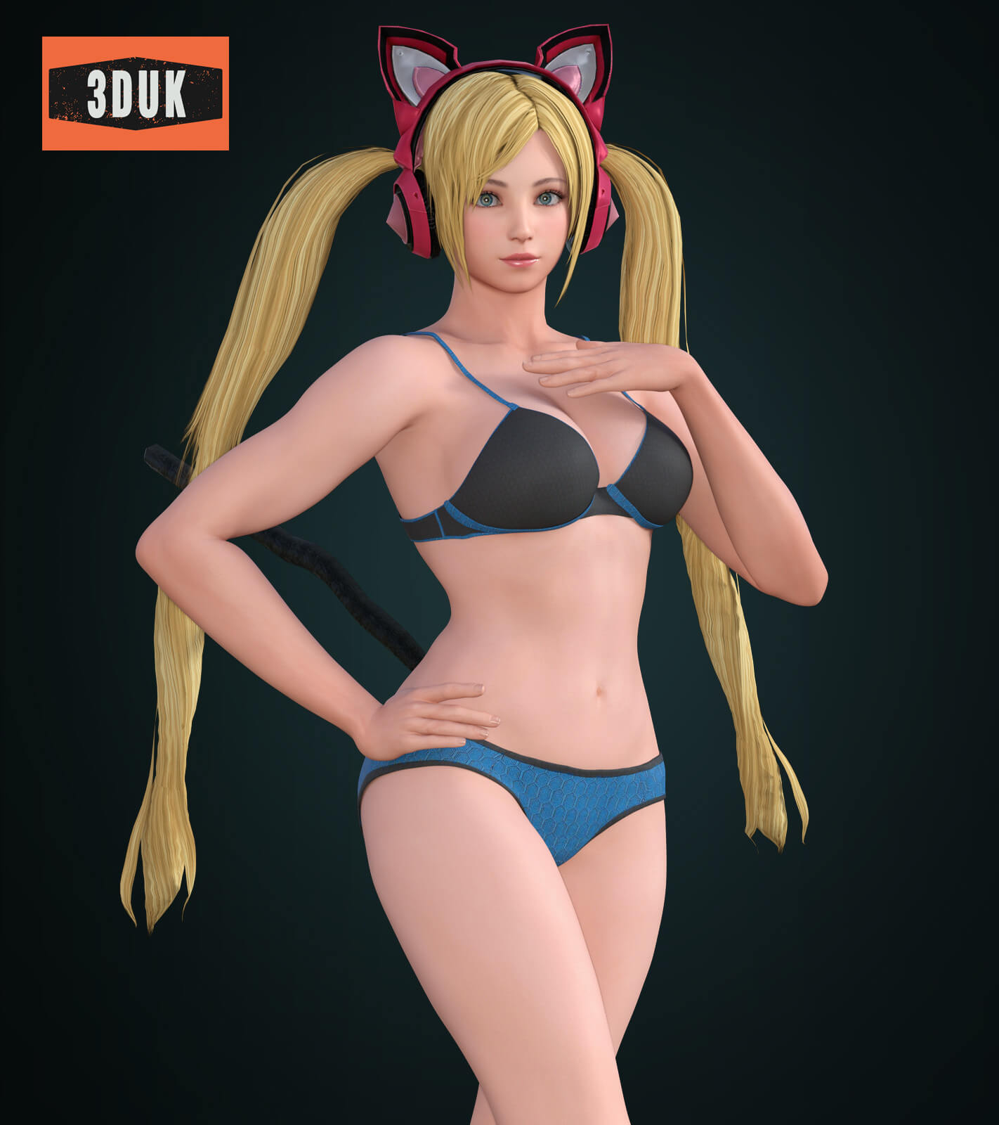 1girl 3duk bikini blonde_hair blue_eyes cat_ear_headphones cat_tail cleavage lucky_chloe medium_breasts namco pin_up posing tekken tekken_7