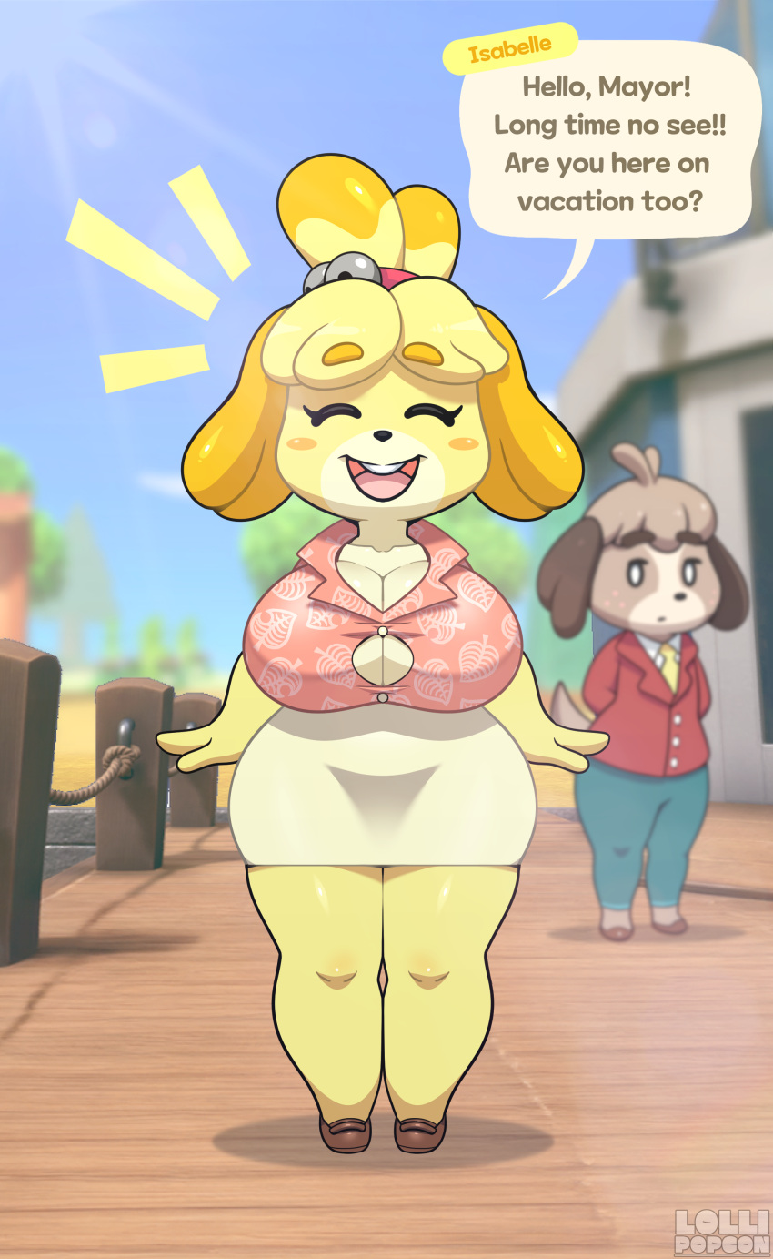 1girl animal_crossing anthro artist_name background_character big_breasts black_nose blonde_hair breasts canid canine canis cleavage closed_eyes clothing cloud countershade_face countershade_torso countershading day dialogue digby_(animal_crossing) dog doubutsu_no_mori english_text female_anthro female_focus footwear furry greeting hair happy isabelle_(animal_crossing) lollipopcon multicolored_body multicolored_face multicolored_skin nintendo open-mouth_smile open_mouth open_smile sexy sexy_body sexy_breasts shih_tzu shirt shizue_(doubutsu_no_mori) shoes skirt sky smile speech_bubble standing text text_box thick_thighs thighs tied_hair topknot toy_dog two_tone_body two_tone_face two_tone_skin white_countershading yellow_body yellow_skin