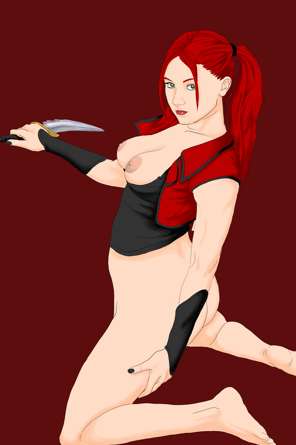 1girl 1girl 1girl blank_background bottomless breasts echiigo female_focus female_only kira kira_(mortal_kombat) kneel knife legs mortal_kombat mortal_kombat_deception pigtails red_background red_hair solo_focus