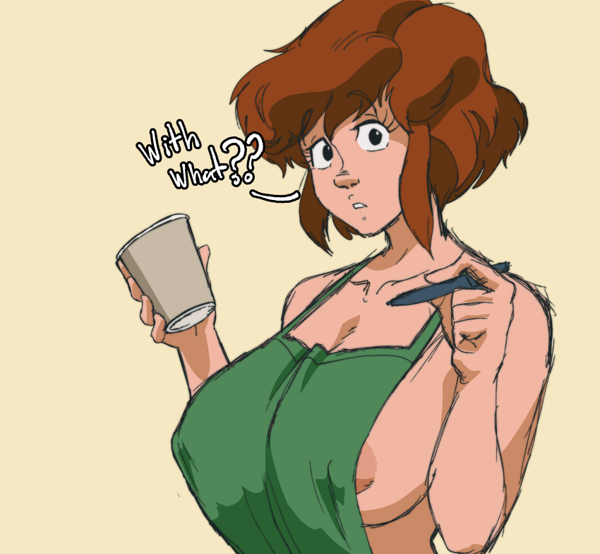 1girl 1girl 1girls absurd_res april_o'neil april_o'neil_(tmnt_1987) apron apron_only areola areola_slip asking barista black_eyes breasts brown_hair cleavage confused confused_look cup erect_nipples erect_nipples_under_clothes female_only holding_cup holding_pen huge_breasts iced_latte_with_breast_milk inker_comics inkershike meme naked_apron nipple_slip nipples_visible_through_clothing questioning sketch starbucks surprised teenage_mutant_ninja_turtles unhappy_female