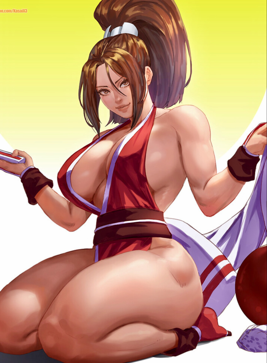 1girl alluring arms artist_name bare_shoulders big_breasts breasts brunette caucasian cleavage clothed fatal_fury green_eyes highres japanese_clothes king_of_fighters long_hair looking_at_viewer mai_shiranui muscular_female no_bra non-nude on_knees parted_lips posing revealing_clothes sexy slut thick_thighs thong_leotard tied_hair toned white_background wide_hips x3