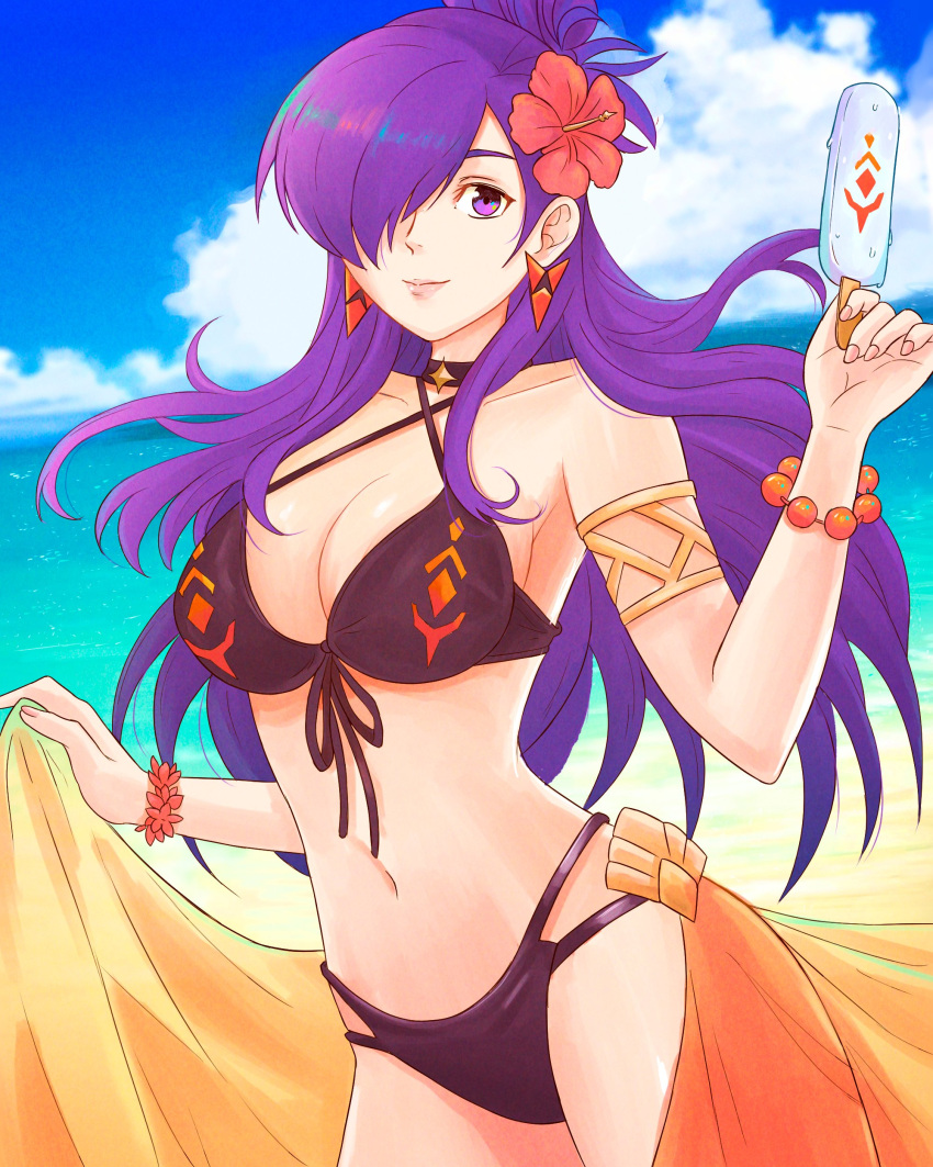 1girl 1girl 1girl absurd_res alluring bangs beach bikini black_swimsuit cape choker cleavage female_only fire_emblem fire_emblem:_three_houses fire_emblem_warriors:_three_hopes food hair_bun hair_over_one_eye high_res ice_cream long_hair looking_at_viewer medium_hair nintendo purple_eyes purple_hair sarong shez_(fire_emblem) shez_(fire_emblem)_(female) single_hair_bun swimsuit truejekart