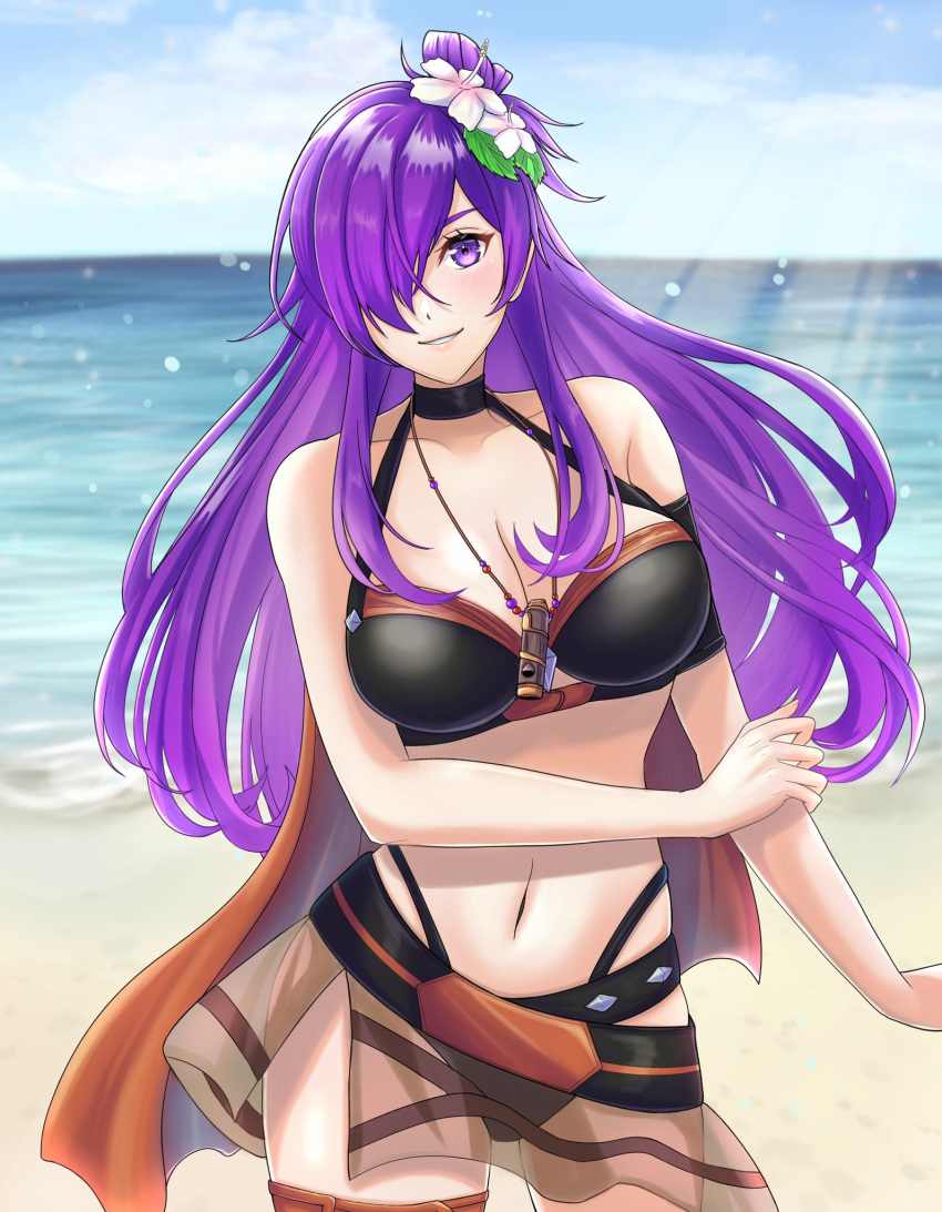 1girl 1girl alluring alternate_costume big_breasts bikini black_bikini black_choker choker cleavage commentary_request female_focus fire_emblem fire_emblem:_three_houses fire_emblem_heroes fire_emblem_warriors:_three_hopes flower hair_flower hair_ornament hair_over_one_eye high_res kousetu0506 long_hair matching_hair/eyes multi-strapped_bikini_bottom navel nintendo official_alternate_costume outside purple_eyes purple_hair shez_(fire_emblem) shez_(fire_emblem)_(female) shez_(summer)_(fire_emblem) smile swimsuit water white_flower