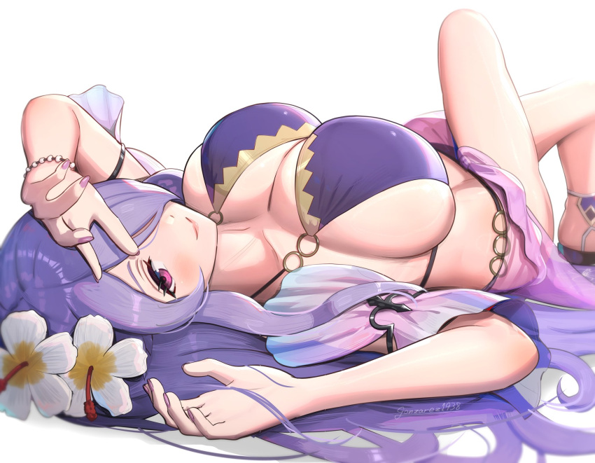 1girl 1girl alluring big_breasts bikini camilla_(fire_emblem) fire_emblem fire_emblem_fates fire_emblem_heroes flower flower_in_hair gonzarez laying_down light-skinned_female long_hair looking_at_viewer nintendo one_eye_covered one_eye_obstructed purple_bikini purple_eyes purple_fingernails purple_hair purple_swimsuit smile white_background