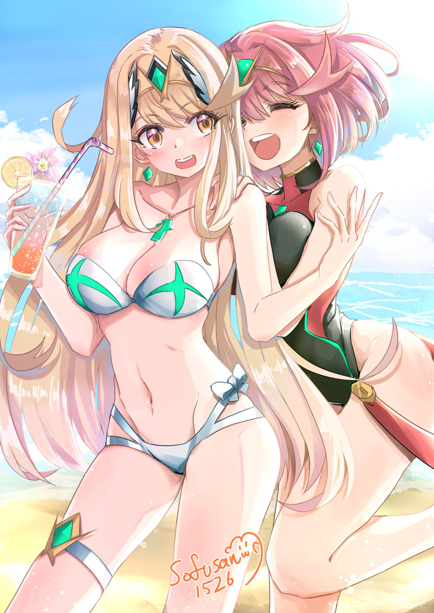 2_girls absurd_res alluring alternate_costume big_breasts bikini blonde_hair high_res multiple_girls mythra nintendo one-piece_bikini pyra red_hair sofusan1526 swimsuit xenoblade_(series) xenoblade_chronicles_2