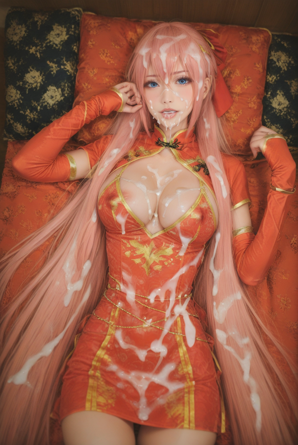 1girl ai_generated big_breasts blue_eyes bukkake chinese_clothes chinese_dress cleavage_cutout cum cum_in_mouth cum_on_breasts cum_on_clothes cum_on_face cum_on_hair erect lying_on_back lying_on_bed megurine_luka nipples pillow pink_hair pony_diffusion_xl realistic very_long_hair vocaloid