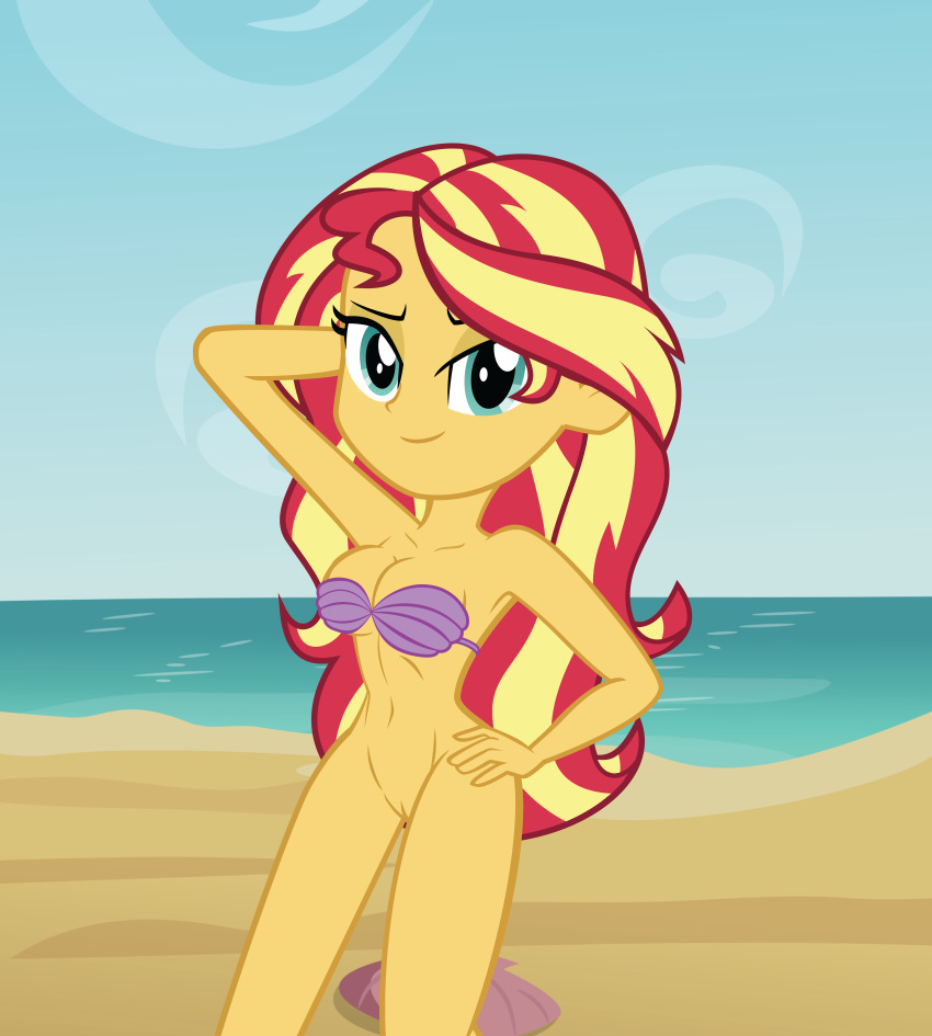 1girl beach bottomless breasts disney equestria_girls half-naked hand_on_hip hasbro midriff muscular_female my_little_pony nudity pussy seashell_bra sexy skinny_dipping slender_body sunset_shimmer the_little_mermaid vulva