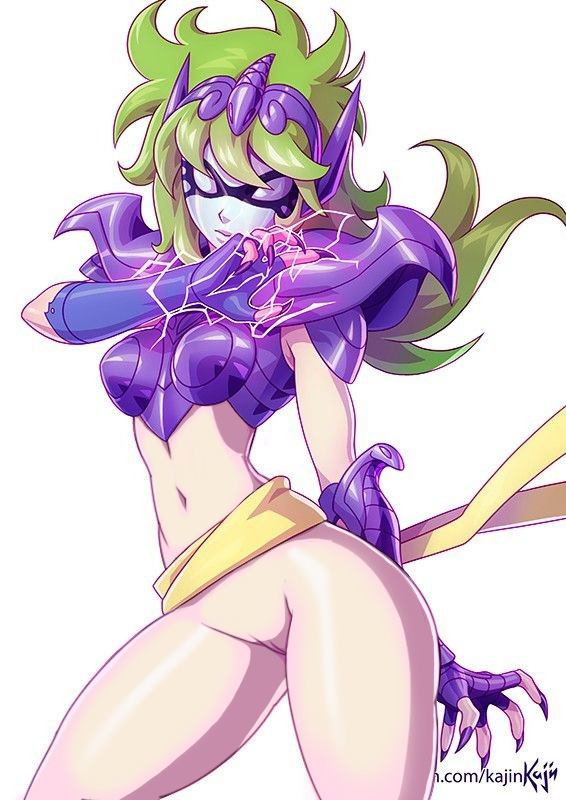 armor bottomless claws green_hair long_fingernails looking_at_viewer mask masked_female nekom14 no_panties no_pants ophiuchus_shaina pussy saint_seiya yellow_sash