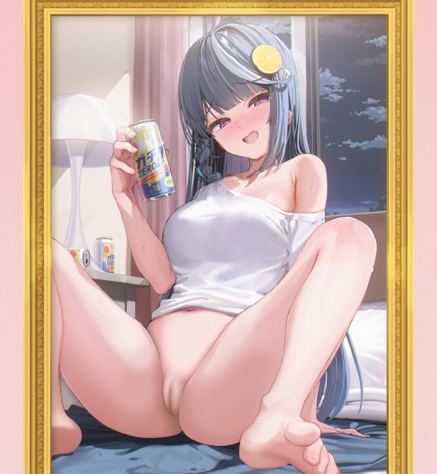 beer blue_hair bottomless holding_can kokorone_awayuki looking_at_viewer nekom14 no_panties purple_eyes pussy sitting_on_bed spread_legs vtuber_nandaga_haishin_kiriwasuretara_densetsu_ni_natteta white_shirt