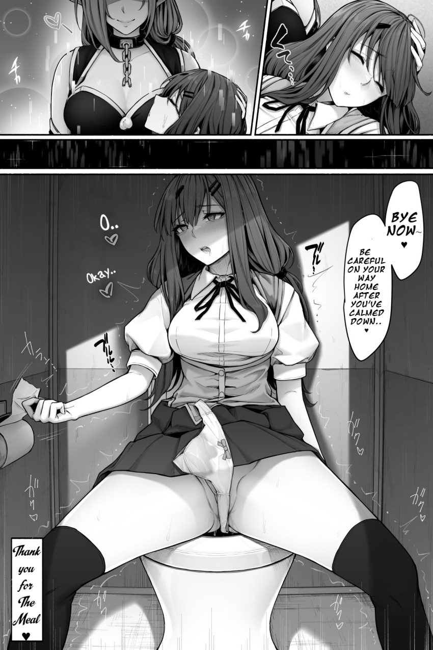 2_girls 3koma black_thighhighs bow bow_panties breasts cocomachi english_text kokomachi open_mouth original panties panties_removed school_uniform sitting skirt spread_legs stained_panties stockings toilet toilet_paper unworn_panties wet wet_panties