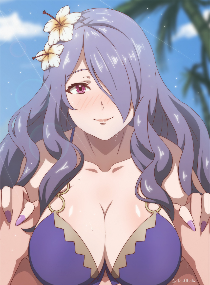 1boy 1girl absurd_res alluring big_breasts bikini blurry blurry_background blush camilla_(fire_emblem) collarbone commentary english_commentary fire_emblem fire_emblem_fates fire_emblem_heroes flower hair_flower hair_ornament hair_over_one_eye high_res holding interlocked_fingers lips long_hair looking_at_viewer nail_polish nintendo o-ring o-ring_bikini official_alternate_costume palm_tree pink_lips pov purple_bikini purple_eyes purple_hair purple_nails smile swimsuit tak0baka tree upper_body watermark wavy_hair white_flower