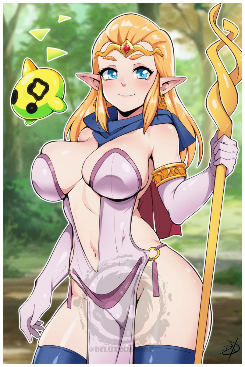 1girl alluring big_breasts blonde_hair cloak delux_drawings dress earrings elbow_gloves gloves gold_circlet jewelry looking_at_viewer nintendo o-ring pelvic_curtain pointy_ears princess_zelda revealing_clothes smile stockings the_legend_of_zelda the_legend_of_zelda:_echoes_of_wisdom tri_(zelda) tri_rod