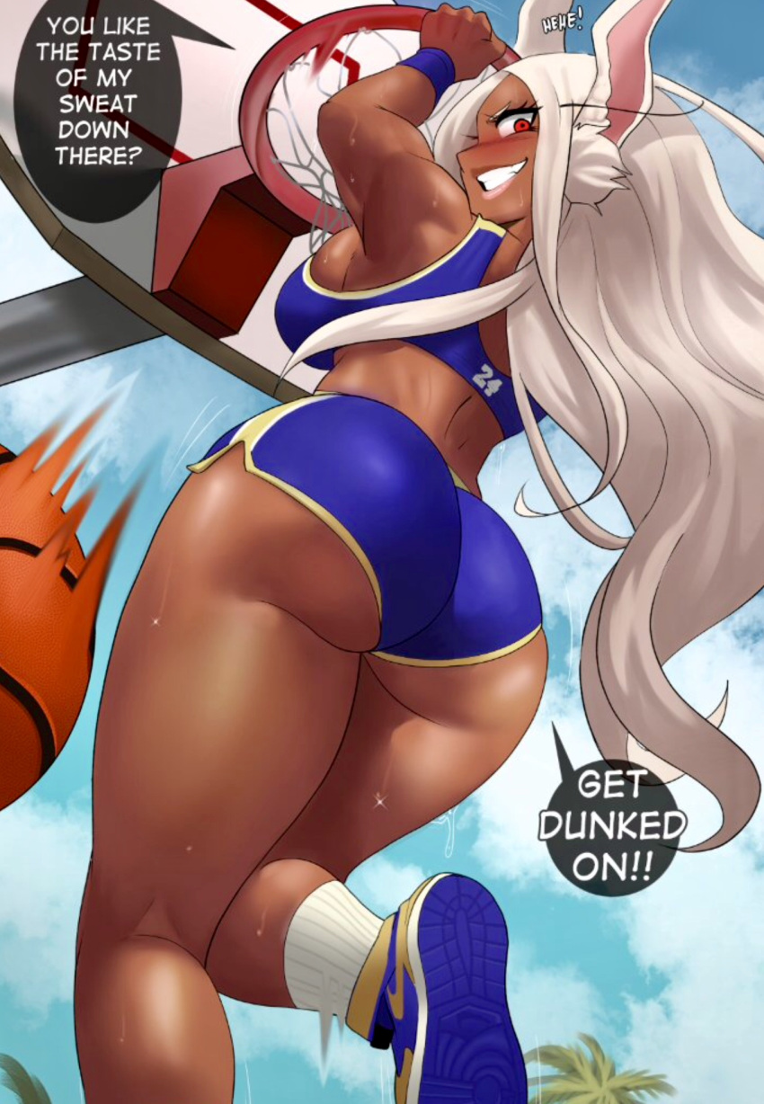 1girl alluring arms ass ass_focus basketball biceps big_ass booty_shorts breasts bubble_butt bunny_ears bunny_girl caption dark-skinned_female dark_skin dat_ass echosaber female_only from_behind from_below high_res legs long_hair looking_at_viewer looking_back mirko miruko_(my_hero_academia) muscle muscular_female my_hero_academia nike non-nude outside presenting red_eyes round_ass rumi_usagiyama sexy shoes short_shorts shorts sideboob sleeveless slut smile sneakers sports_bra standing sweat tan text thick_thighs toned usagiyama_rumi white_hair wide_hips wristband