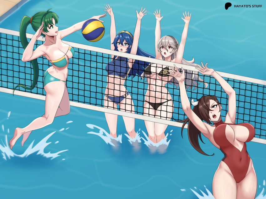 4girls absurd_res alluring ass bikini black_bikini blue_bikini blue_eyes blue_hair blush brown_hair cleavage commentary corrin_(fire_emblem) corrin_(fire_emblem)_(female) english_commentary fire_emblem fire_emblem:_the_blazing_blade fire_emblem_awakening fire_emblem_fates green_bikini green_eyes green_hair hair_between_eyes hayato_stuff high_ponytail high_res kagero_(fire_emblem) long_hair lucina lucina_(fire_emblem) lyn_(fire_emblem) multiple_girls nintendo one-piece_swimsuit open_mouth outside ponytail red_one-piece_swimsuit swimsuit tiara under_boob volleyball water