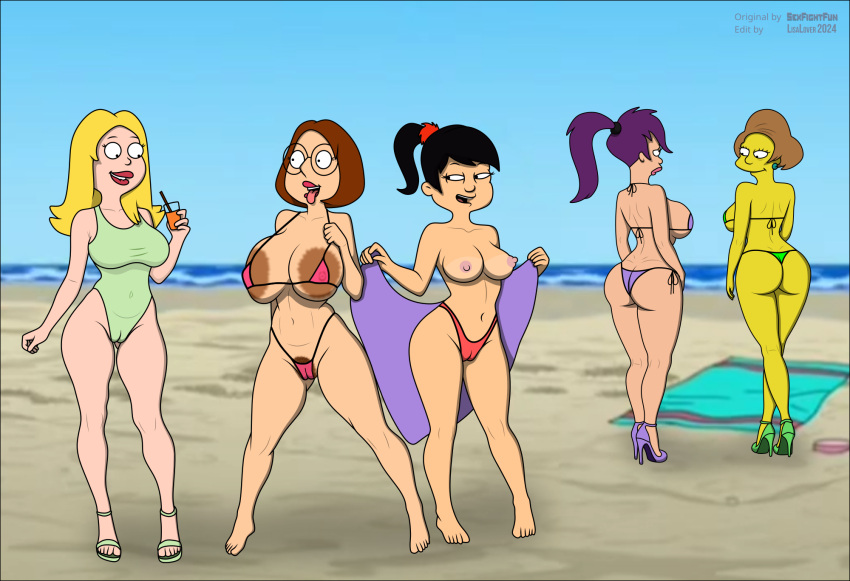 5girls aged_up akiko_yoshida american_dad asian_female ass beach big_breasts bikini blonde blonde_hair brunette cameltoe edit edna_krabappel erect_nipples family_guy francine_smith futurama glasses large_areolae lisalover meg_griffin milf milfs mom pussy_hair sexfightfun swimsuit the_simpsons turanga_leela violet_hair yuri