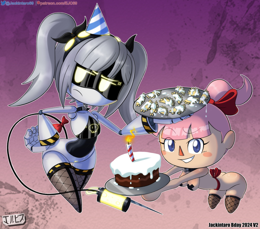 animal_crossing animal_crossing_boy ass birthday blue_eyes bow cake clothed clothing crossover digital_media_(artwork) empanadas fanart glitch_productions grey_hair human j_(murder_drones) jackintaro looking_at_viewer murder_drones nintendo pink_hair ponytail ribbon robot robot_boy simple_background thick_thighs twin_tails uniform villager_(animal_crossing) yellow_eyes