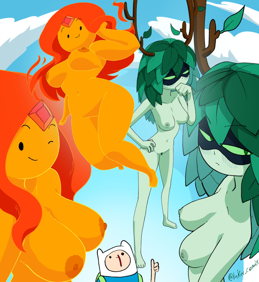 1boy 2_girls adventure_time big_breasts breasts breasts_out cleavage coolerinker finn_the_human fire_humanoid flame_princess gem green_hair grin huntress_wizard inker_comics inkershike mob_face multiple_girls naked_female nude nude_female size_difference skinny skinny_girl