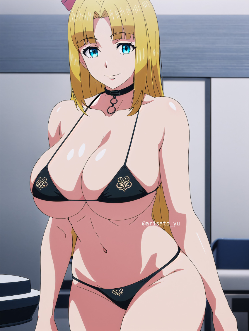 1girl 1girl 1girl ai_generated arisato_yu big_breasts big_breasts blonde_hair blue_eyes chloe_mansfield cleavage female_only high_res huge_breasts looking_at_viewer navel sensual shuumatsu_no_harem smile voluptuous