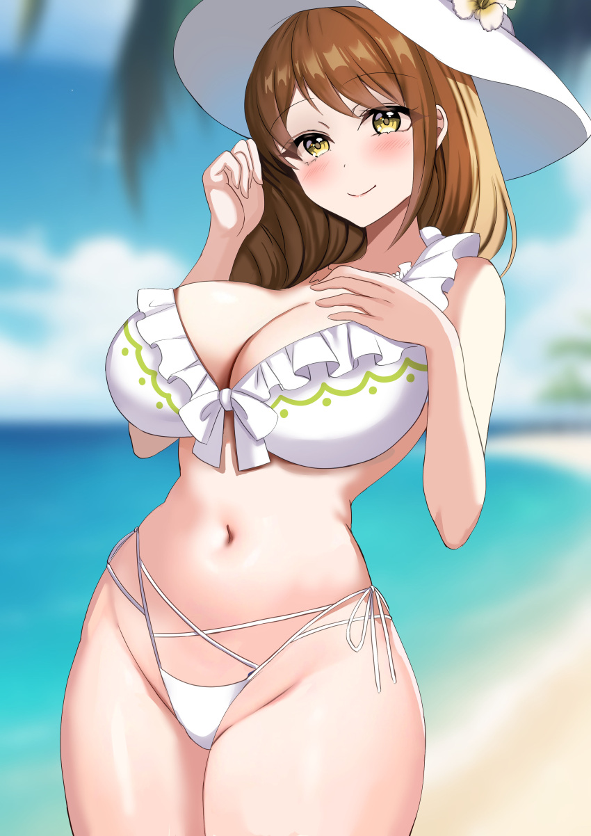 1girl 1girl 1girl alluring alternate_costume bangs bare_arms bare_legs bare_midriff bare_thighs beach big_breasts bikini blush brown_hair cleavage female_only fire_emblem fire_emblem_engage fire_emblem_heroes goldmary_(fire_emblem) goldmary_(summer)_(fire_emblem) hand_on_own_chest hat hat_flower looking_at_viewer midriff navel nintendo ocean official_alternate_costume outside palm_tree smile sun_hat swimsuit tara_(szzj7733) thick_thighs thighs tree white_bikini white_swimsuit yellow_eyes