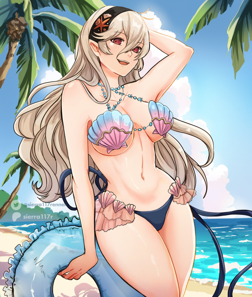 1girl 1girl 1girl alluring alternate_costume beach big_breasts bikini_top corrin_(fire_emblem) corrin_(fire_emblem)_(female) corrin_(summer)_(fire_emblem)_(female) female_only fire_emblem fire_emblem_cipher fire_emblem_fates floaty grey_hair hairband looking_at_viewer nintendo official_alternate_costume one_arm_up outside pointy_ears red_eyes shell_bikini sierra117renner solo_female swimsuit