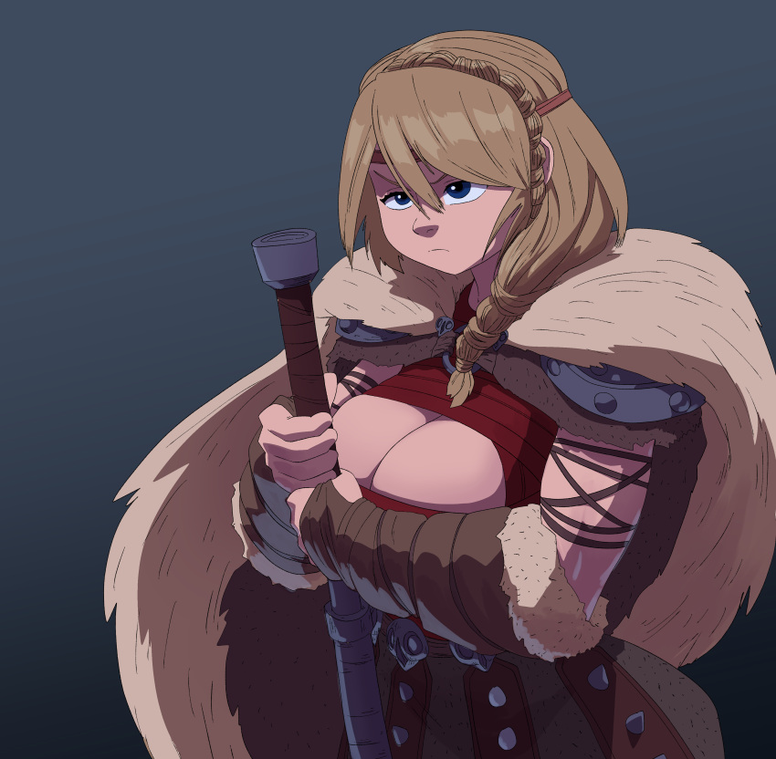 1girl 1girl 1girls armor armored astrid_hofferson axe big_breasts blonde_hair blue_eyes boob_window braid braided_hair braided_ponytail breasts cleavage cleavage_cutout cleavage_window coolerinker curvaceous curvy curvy_body curvy_female curvy_figure dreamworks female_focus female_only hair_braid hairband holding_weapon hourglass_figure how_to_train_your_dragon inker_comics inkershike light-skinned_female light_skin long_hair no_sleeves_shirt non-nude ponytail red_clothing red_shirt shoulder_pads simple_background solo_female viking voluptuous voluptuous_female weapon white_skin