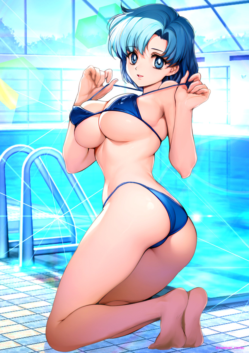 1girl 1girl alluring artist_name ass bare_arms bare_shoulders barefoot big_breasts bikini bishoujo_senshi_sailor_moon blue_bikini blue_eyes blue_hair cleavage commentary_request day feet full_body hands_up high_res highleg highleg_bikini indoors kneel looking_at_viewer looking_back mizuno_ami oyaman pool_ladder pulling_own_clothes short_hair signature simple_background smile soles swimming_pool swimsuit thighs toes twisted_torso water