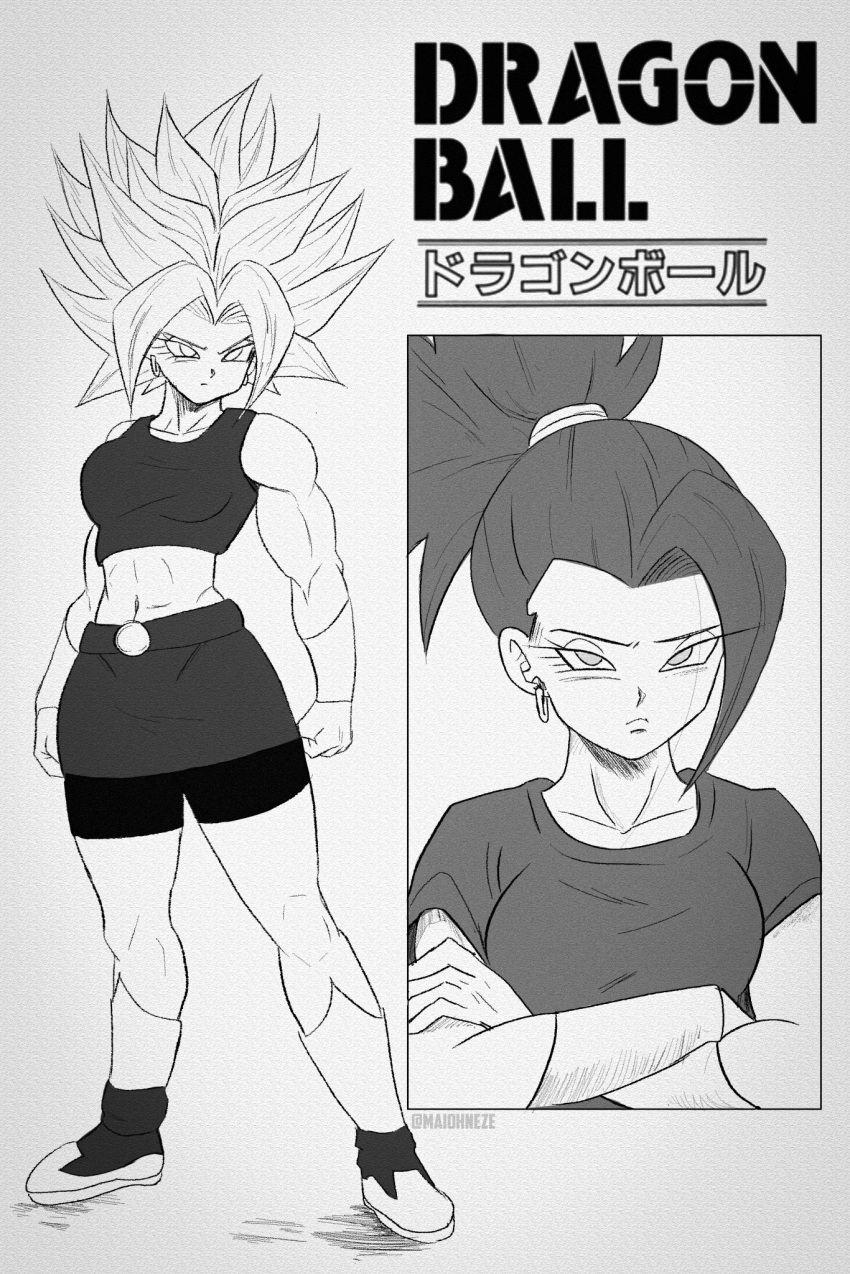 1girl 1girl big_breasts black_shorts breasts dragon_ball dragon_ball_super full_body hair_ornament kale_(dragon_ball) legs miniskirt muscular shorts skirt