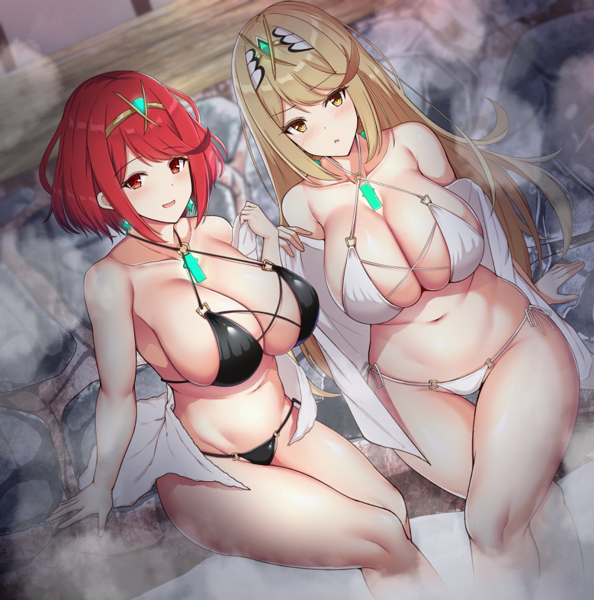 1girl 2_girls :d :o alluring bangs bare_shoulders big_breasts bikini black_bikini blonde_hair blush chest_jewel cleavage collarbone crossed_legs curvy eyebrows_visible_through_hair frown gem hair_ornament headpiece high_res legs legs_crossed long_hair mythra navel nintendo noeomi pyra red_eyes red_hair short_hair sitting skindentation smile swept_bangs swimsuit thick_thighs thigh_gap thighs tiara white_bikini xenoblade_(series) xenoblade_chronicles_2 yellow_eyes