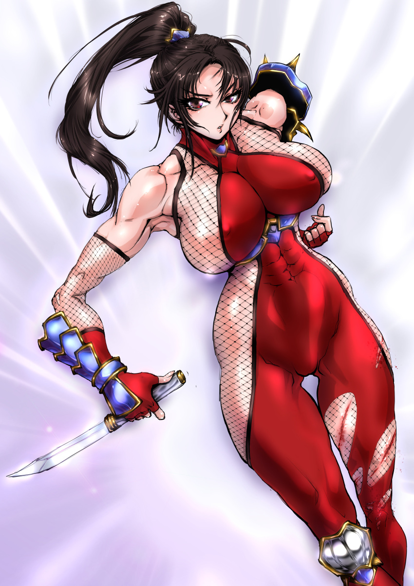 1girl 2022 abs_visible_through_clothing absurd_res alluring athletic_female big_breasts bodysuit brown_hair female_abs female_only fishnets fit fit_female kunoichi long_hair looking_at_viewer ninja nipple_bulge ponytail project_soul red_bodysuit red_eyes soul_calibur soul_calibur_ii soul_calibur_iii soul_calibur_vi taki very_high_resolution wide_hips yuri-ai yuri_ai