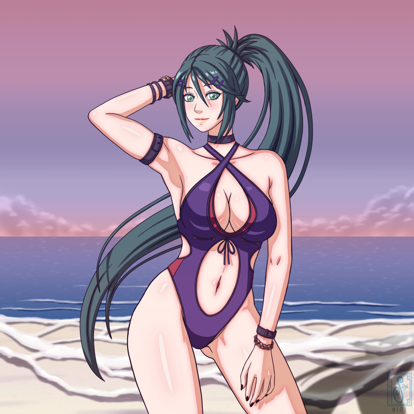 1girl alluring bare_legs beach big_breasts cleavage fire_emblem green_eyes green_hair kiria_kurono nintendo ocean one-piece_bikini pin_up sokloeum sunset tokyo_mirage_sessions_#fe