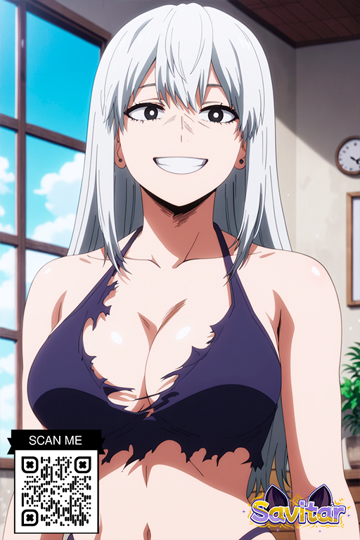 1girl 1girl 1girl ai_generated bangs bare_shoulders big_breasts bikini black_eyes blue_sky breasts bright_pupils clavicle cleavage clock clothing cloud day ear_piercing earrings grey_eyes grin indoors jewelry littlehentai long_hair looking_at_viewer navel purple_bikini rei_todoroki savitar sky smile stud_earrings swimsuit teeth torn_clothes upper_body white_hair white_pupils window